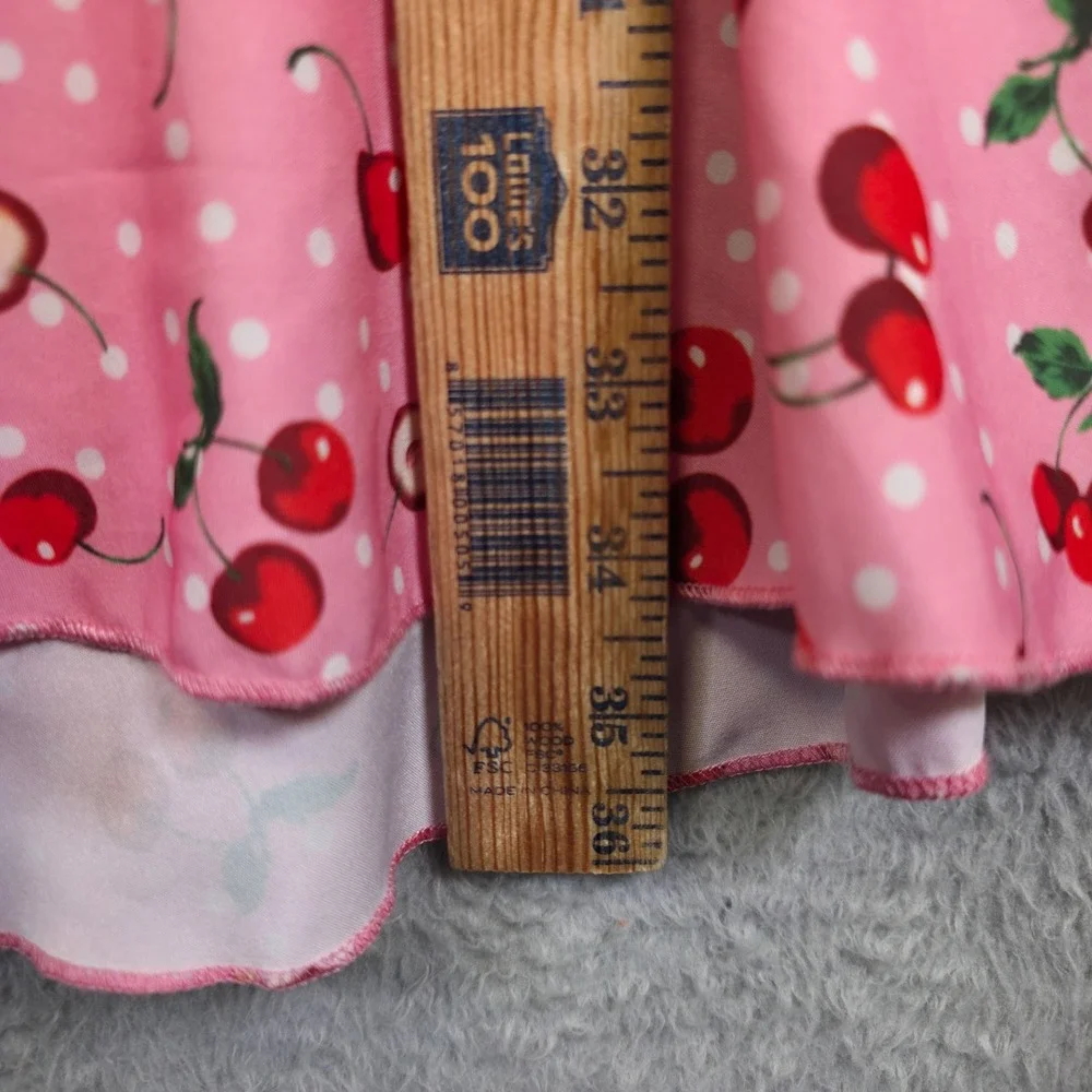 Womens Babydoll Pinup Dress L Pink Puff Sleeve Cherry Draped Coquette Mini‎